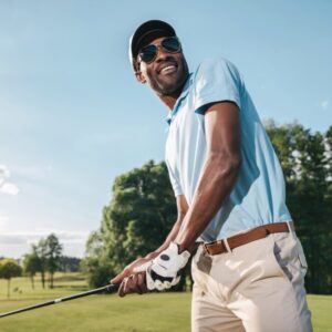 Smiling african american man in cap and sunglasses holding club and playing golf