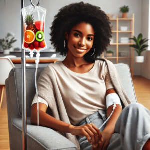 Woman receiving Howganics Vitamin IV Therapy for hydration, energy boost, and overall wellness