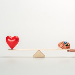 Heart and brain on a balance scale symbolizing the cardiovascular and neurological benefits of Howganics Magnesium Shot
